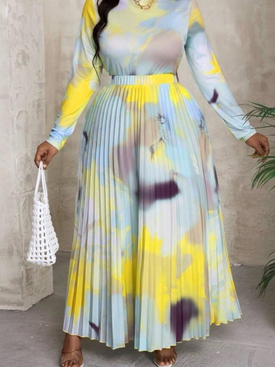 Dresses & Skirts - Pleated Watercolor Maxi Dress — Yellow, Light Blue, Purple